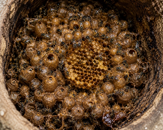 Panal de abejas con celdas de cera y miel
